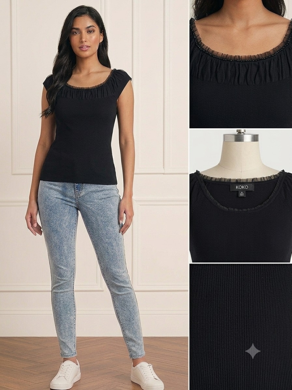 Black Ruffle Scoop Neck Cap Sleeve Top